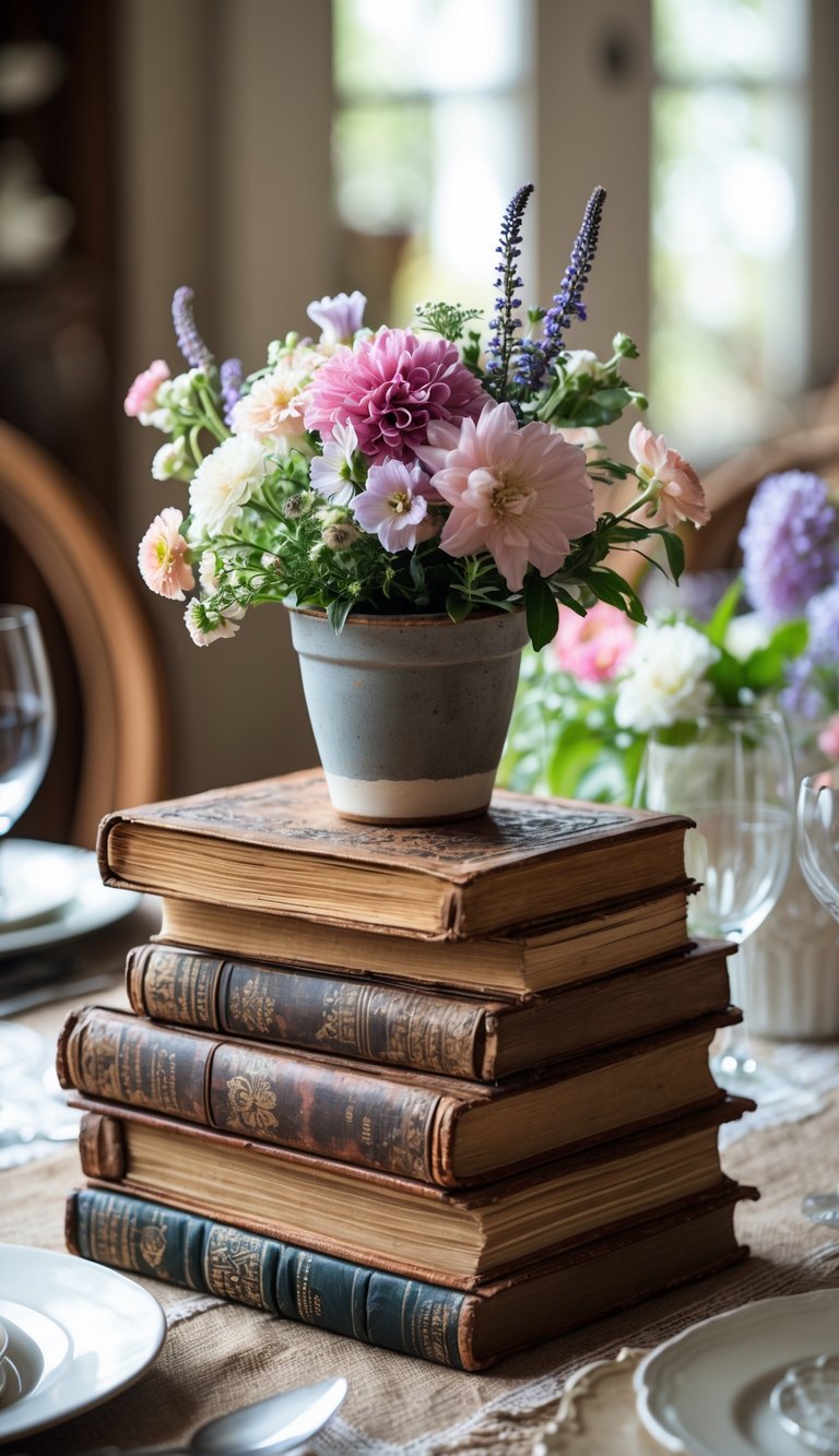 A stack of antique books topped with a small pot of colorful flowers on a dining table.